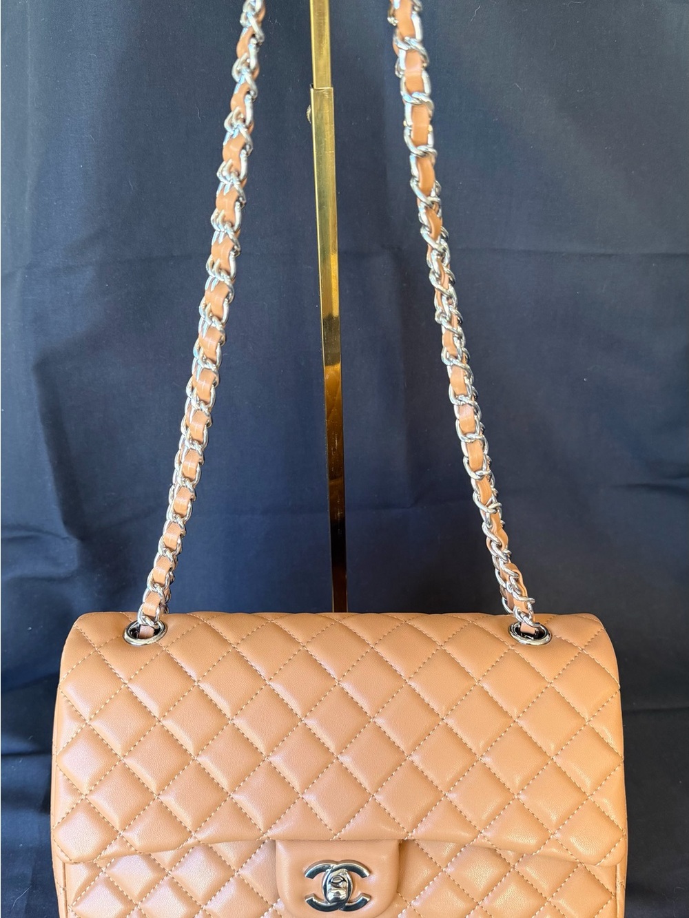 Designer inspired Quilted Tan Shoulder Bag with Chain Strap